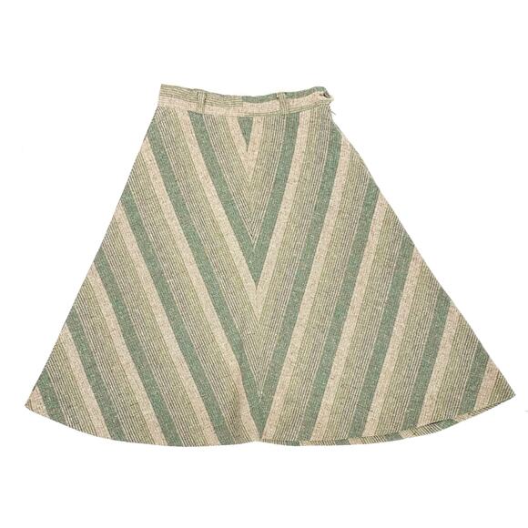 VINTAGE 70s/80s {Casual Corner} Green/Tan Chevron Striped Tweed A-Line Skirt XS - Picture 6 of 9